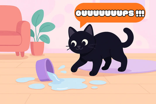 Chat noir qui a renversé une gamelle d'eau dans le salon