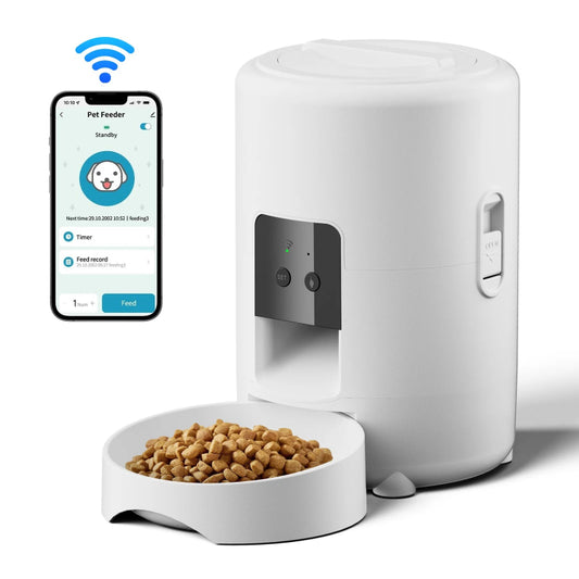 Distributeur de Croquettes pour Chat Connecté Wifi blanc en fond blanc avec application téléphone