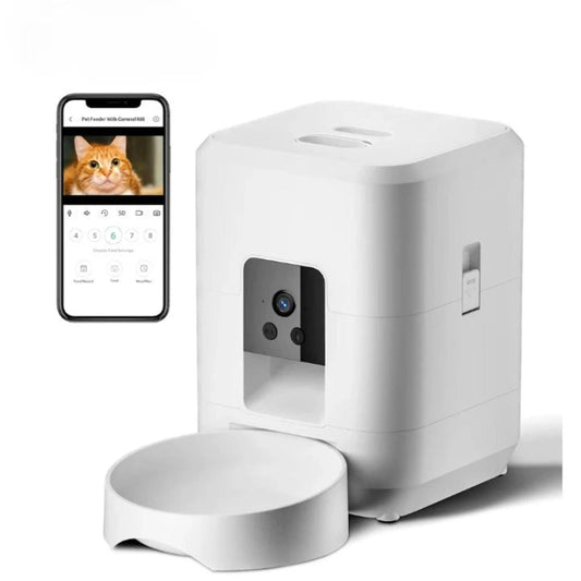 Distributeur de Croquettes pour Chat Connecté avec Camera blanc et application sur fond blanc