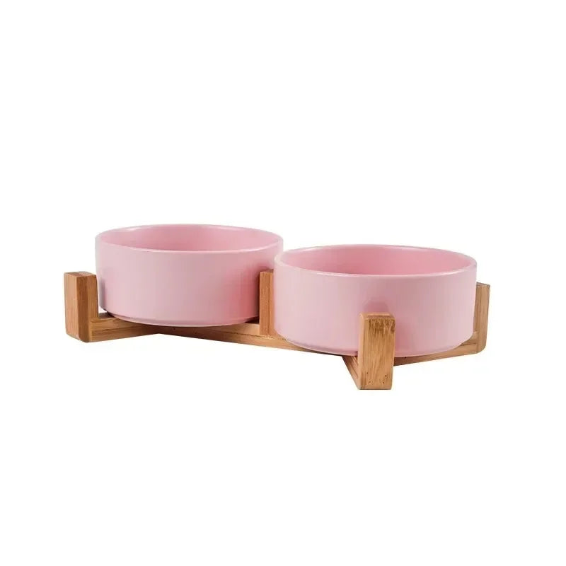 Double gamelle Chat céramique rose dans un fond blanc