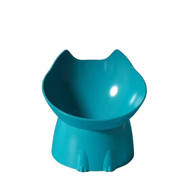 Gamelle surélevée forme chat bleu sur le sol