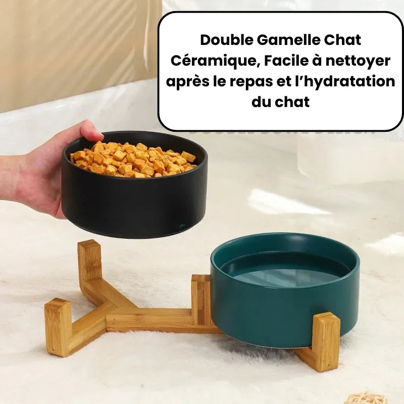 Double Gamelle Chat Céramique rempli d'eau et de croquettes qui va allez a la vaisselle
