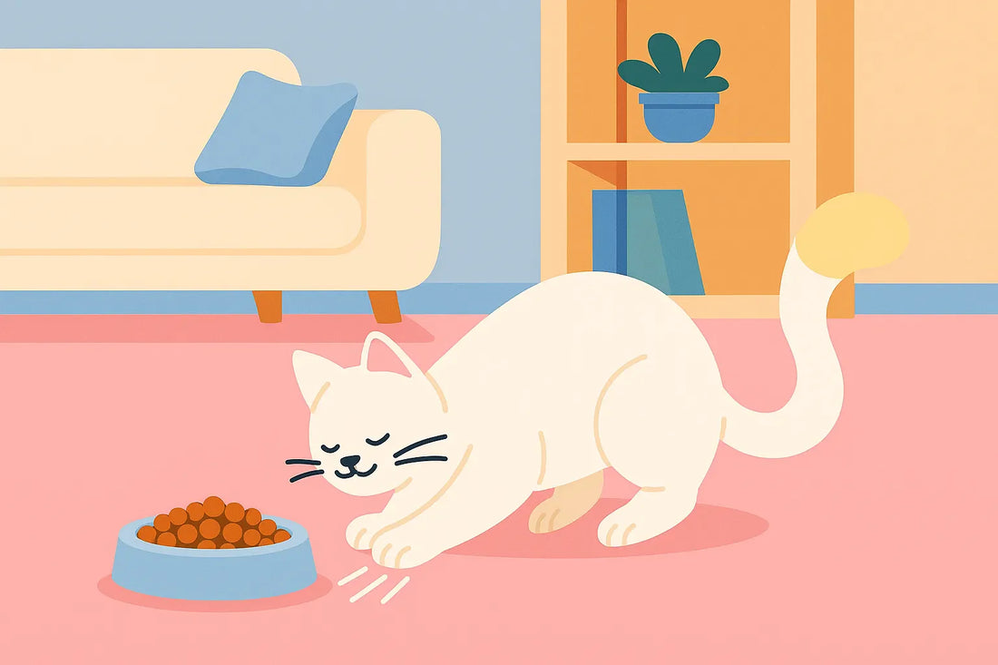 Chat qui gratte autour de sa gamelle