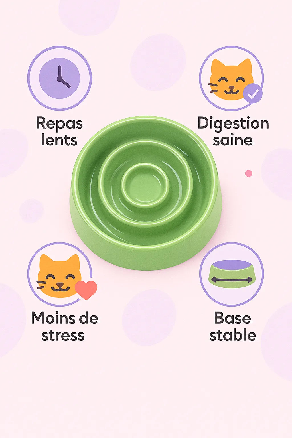 gamelle anti glouton pour chat effet spirale vert avec les bénéfices autour