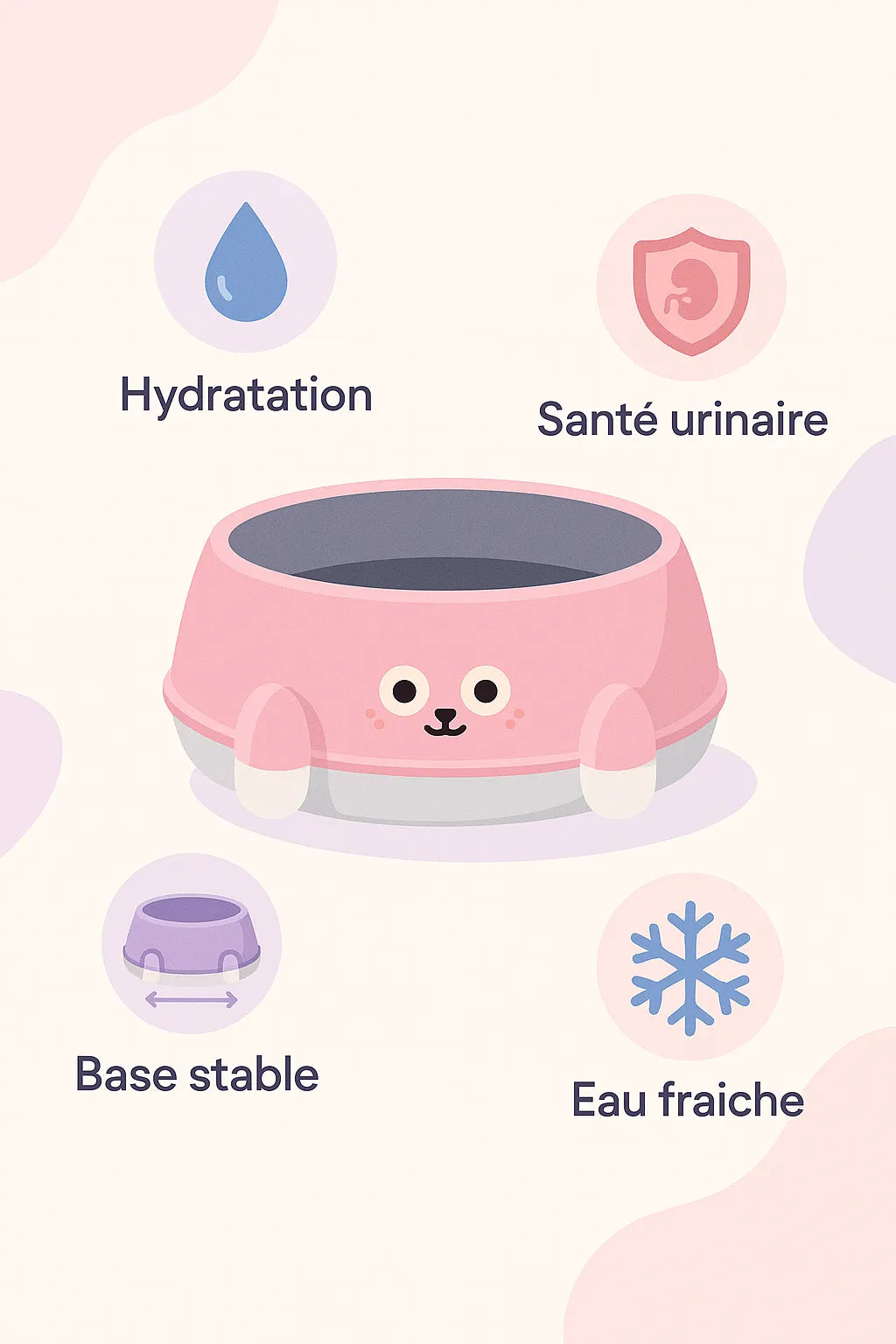 Explication via des pictogramme des bénéfices de la gamelle eau chat inox