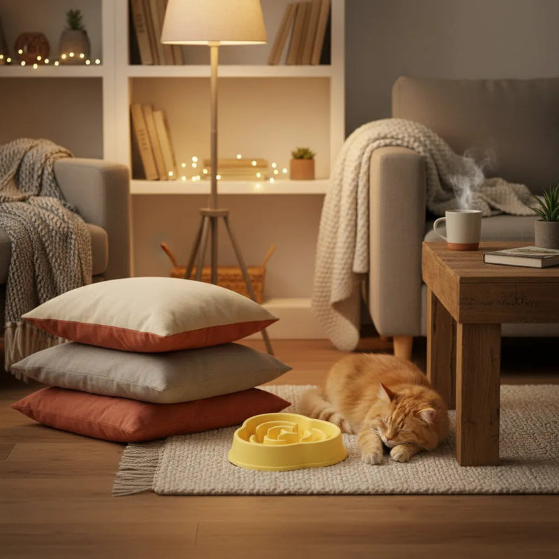 chat qui dort a coté de la gamelle anti glouton chat labyrinthe jaune