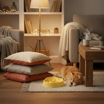 chat qui dort a coté de la gamelle anti glouton chat labyrinthe jaune