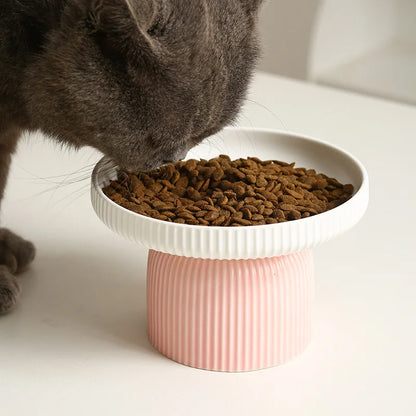 chat qui se nourrit dans une gamelle céramique chat motif fruit rempli de croquettes