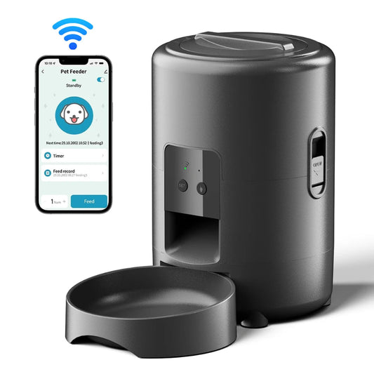 Distributeur de Croquettes pour Chat Connecté Wifi noir en fond blanc avec application téléphone