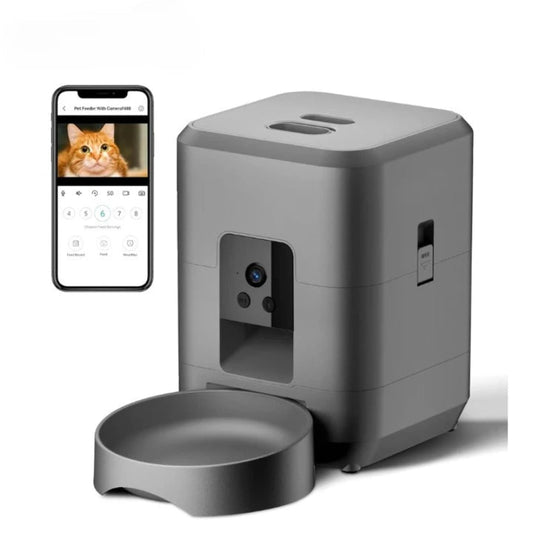 Distributeur de Croquettes pour Chat Connecté avec Camera noir et application sur fond blanc