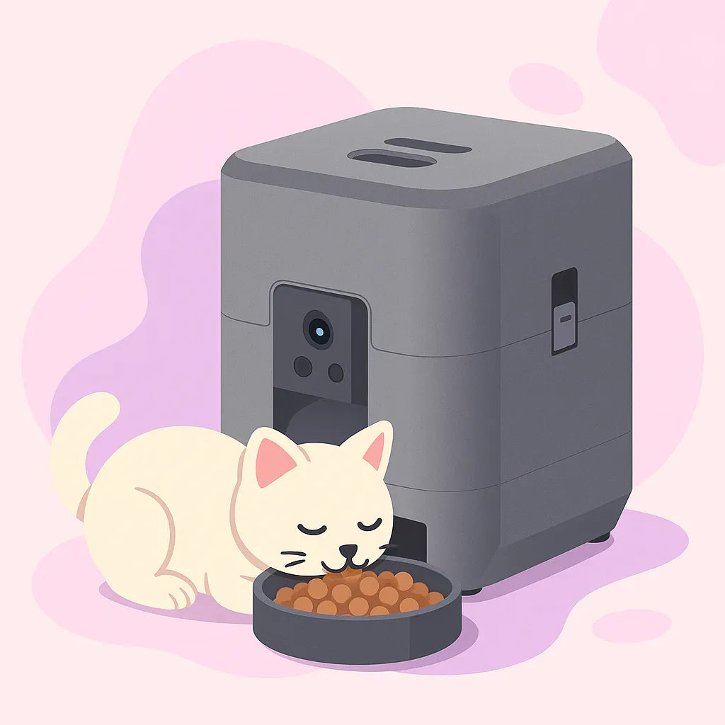 Chat qui se nourrit dans un Distributeur de Croquettes pour Chat Connecté avec Camera