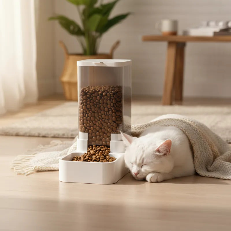 chat qui dort a coté du Distributeur de Croquettes pour Chat Design