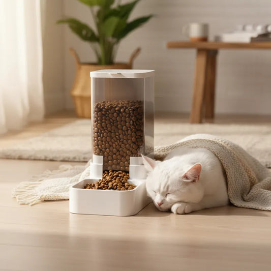 chat qui dort a coté du Distributeur de Croquettes pour Chat Design