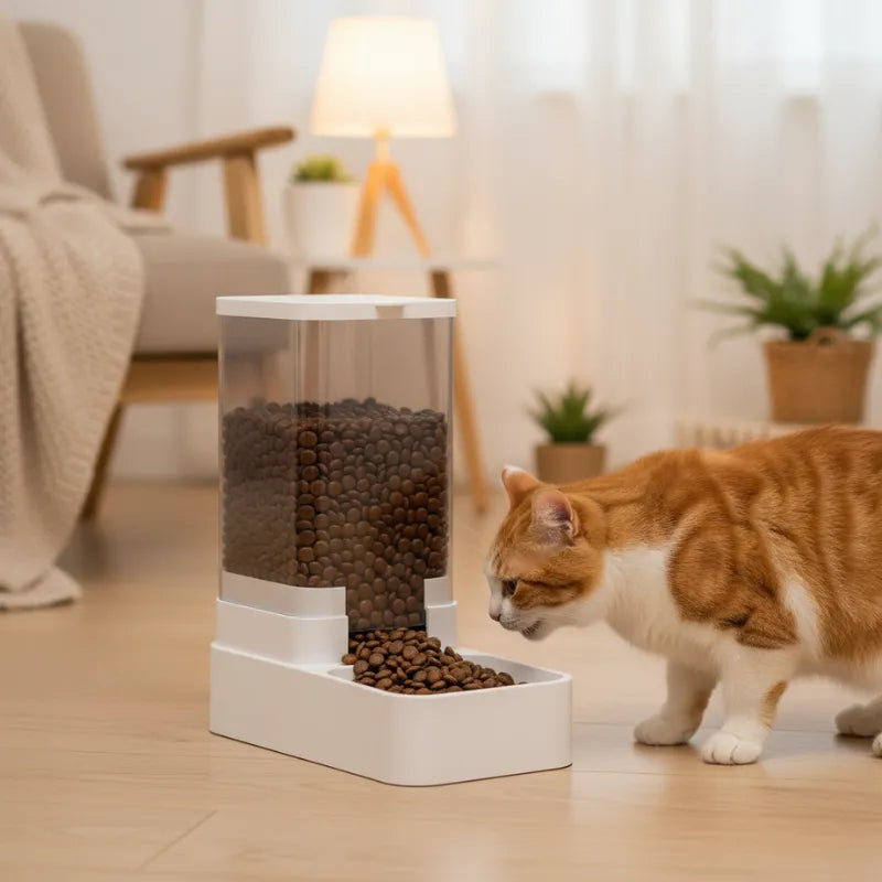 chat qui va manger dans un Distributeur de Croquettes pour Chat Design