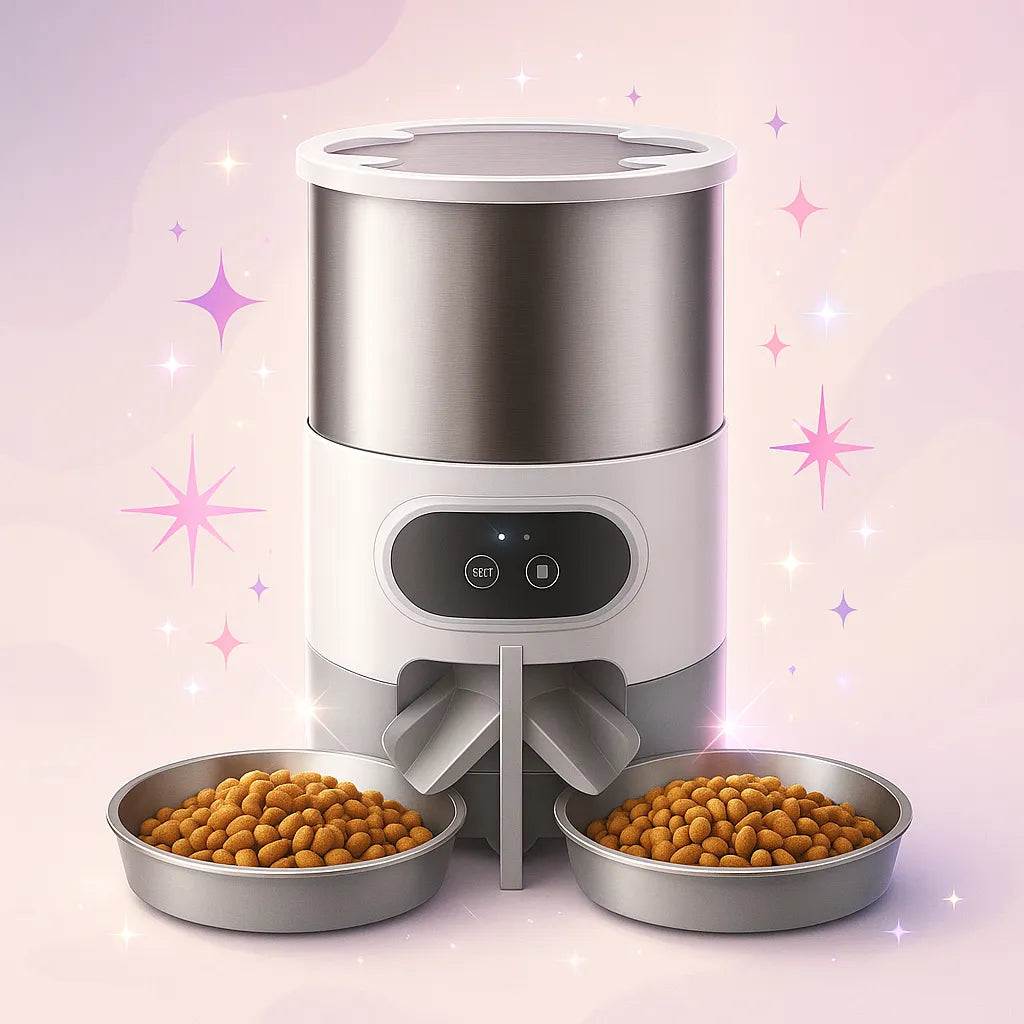 Distributeurs de croquettes pour chat connecté double dans un fond étincelant