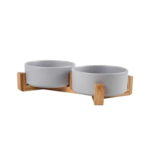 Double gamelle Chat céramique gris dans un fond blanc