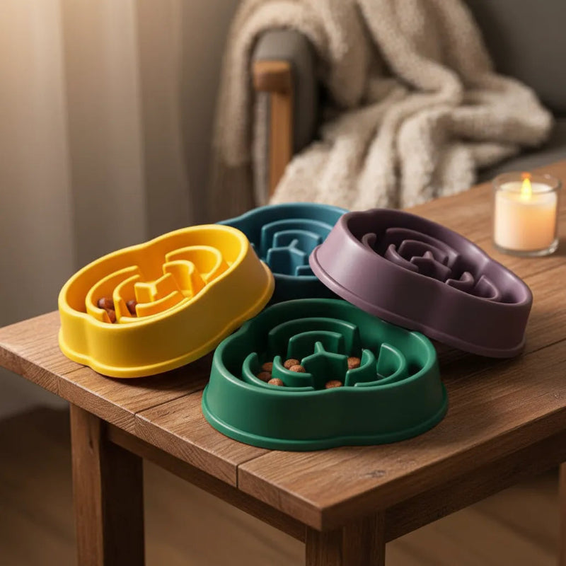 Plusieurs gamelle anti glouton chat labyrinthe presentés