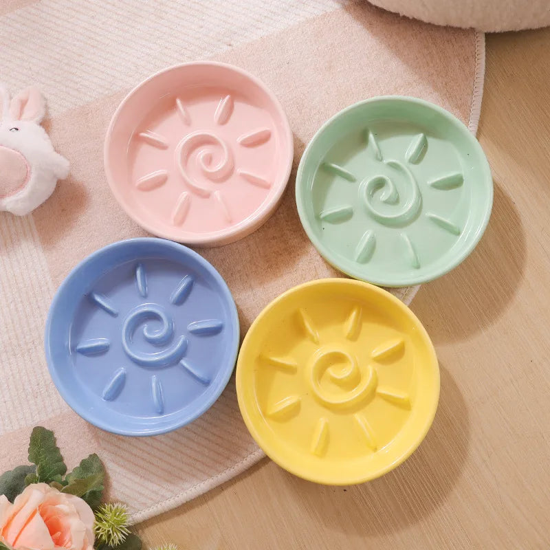 gamelle anti glouton chat motif soleil bleu, vert, rose et jaune dans une piece au sol