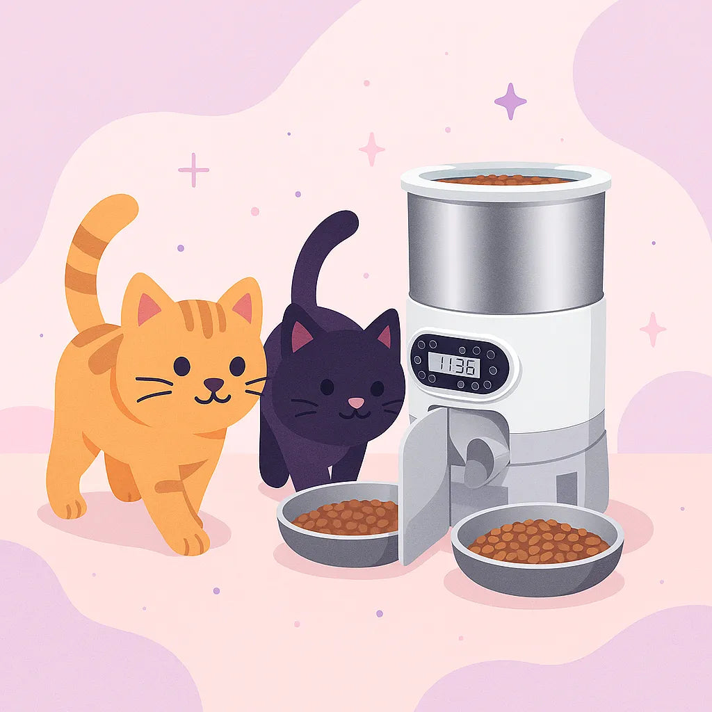 Deux chat qui marchent vers le distributeur automatique de croquettes pour chat double 