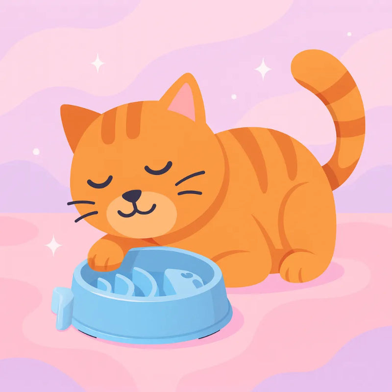 Chat qui va manger dans sa gamelle anti glouton chat motif poisson