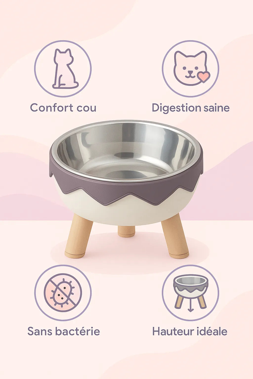 Pictogramme qui explique les bénéfices de la gamelle inox chat surélevée