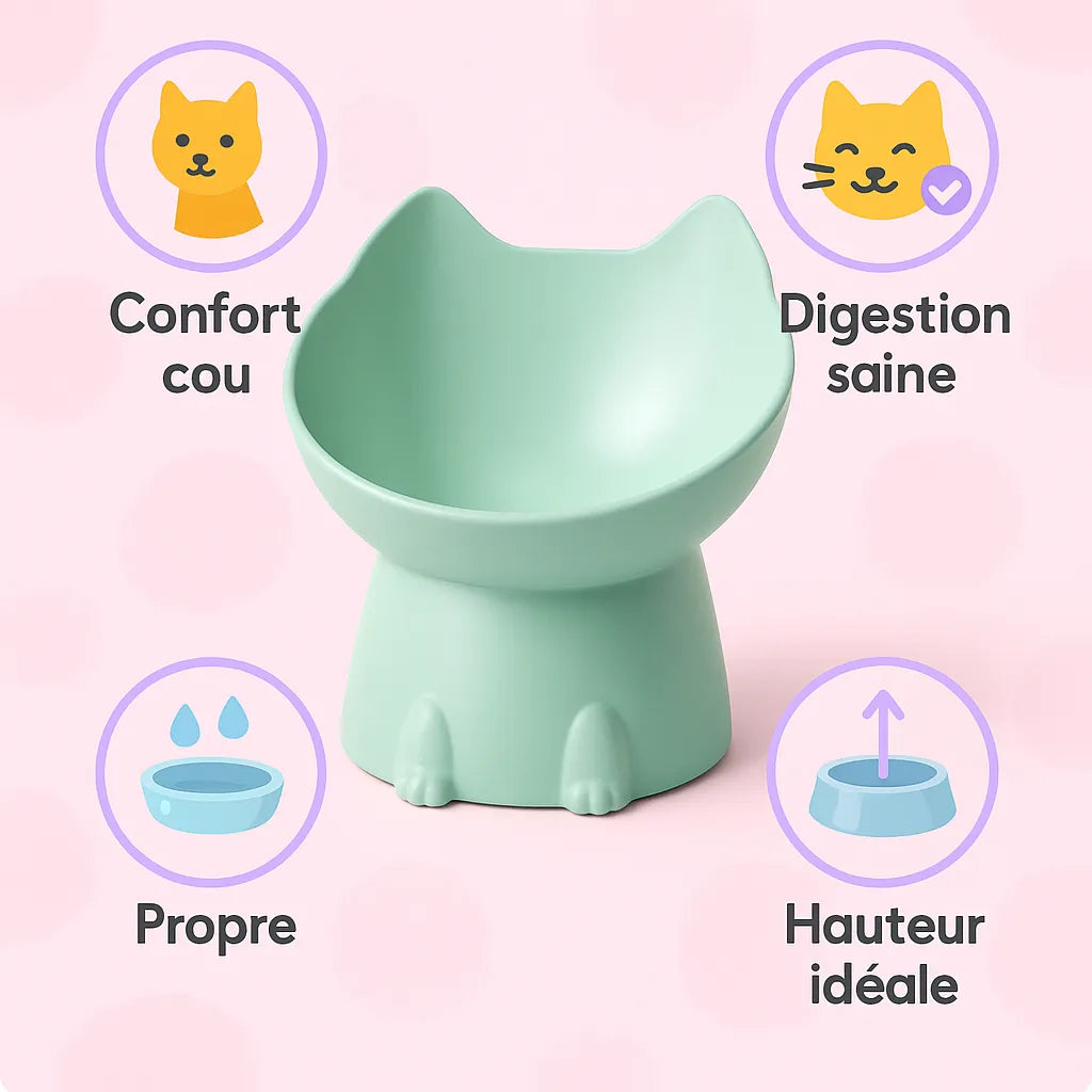 Gamelle Chat Surélevée Forme Chat avec les bénéfices autour