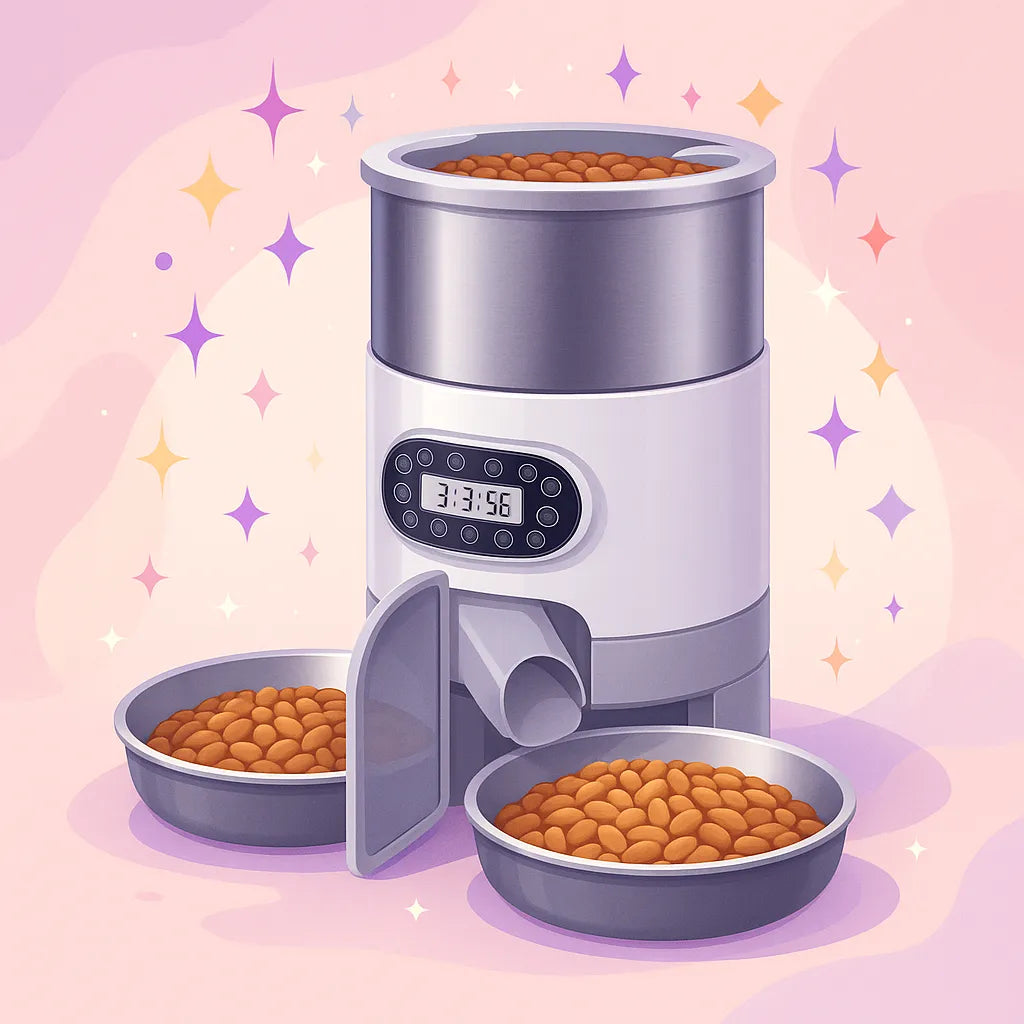 Distributeur automatique de croquettes pour chat double dans un fond étincelant