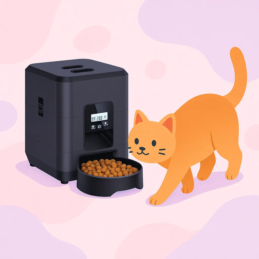 distributeur automatique de croquettes pour chat programmable avec un chat qui vient se nourrir