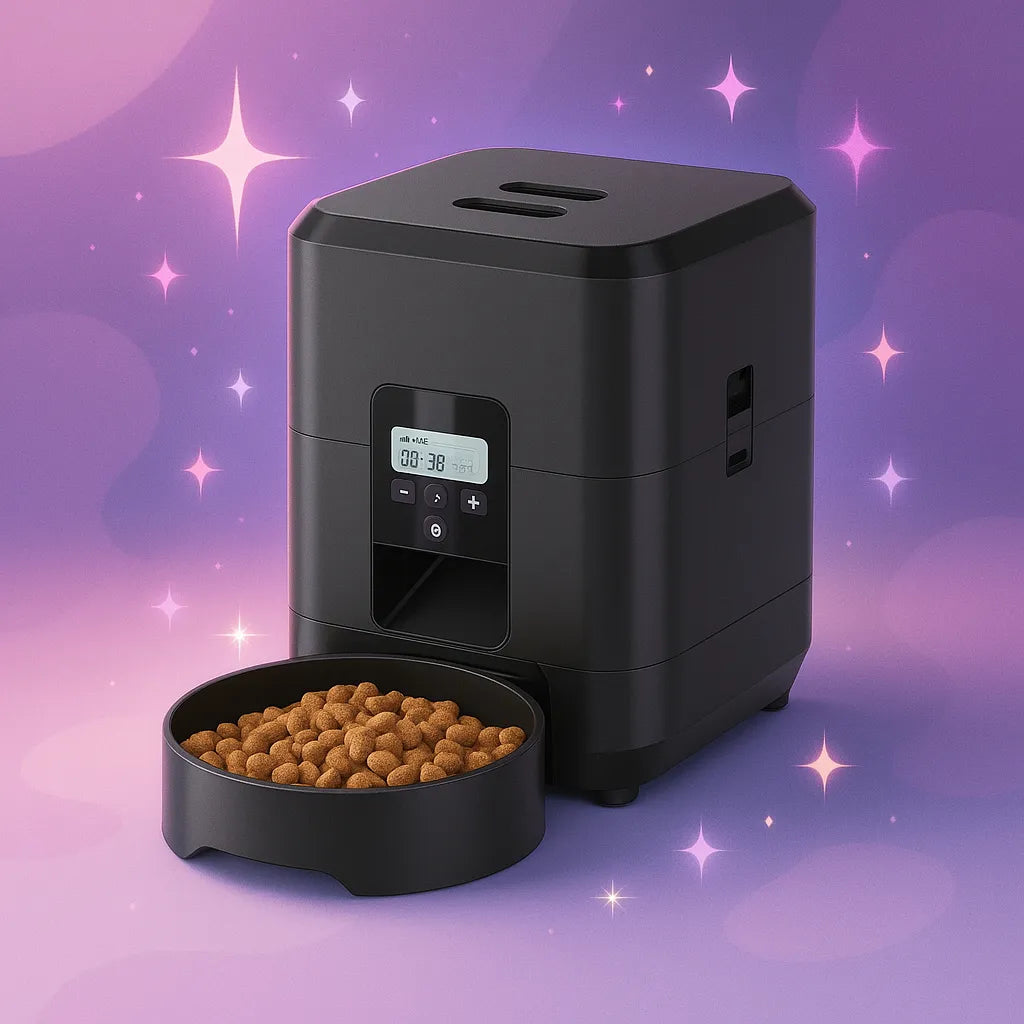 distributeur automatique de croquettes pour chat programmable dans un fond violet 