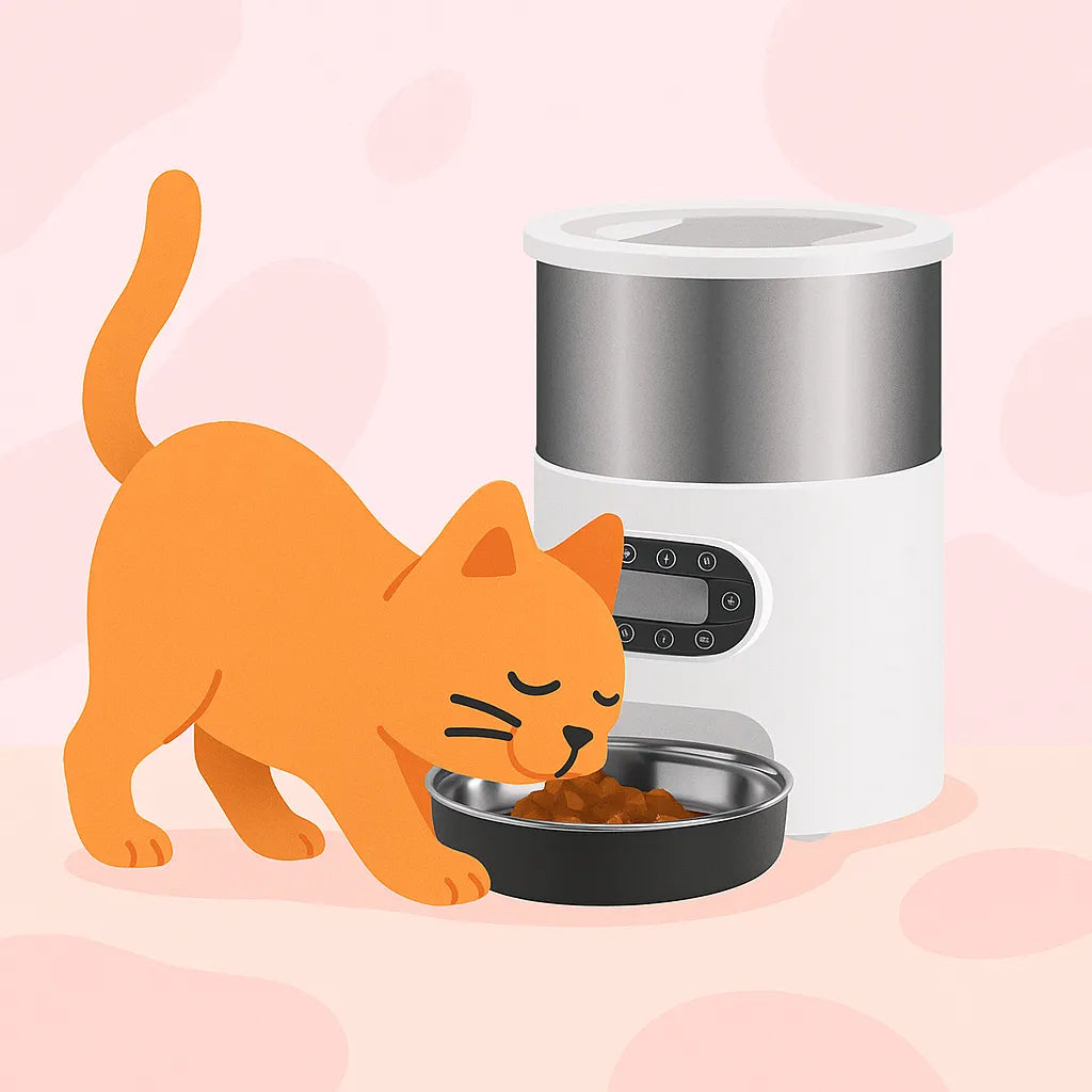 chat qui se nourrit avec un Distributeur Automatique de Croquettes pour Chat Ronde 