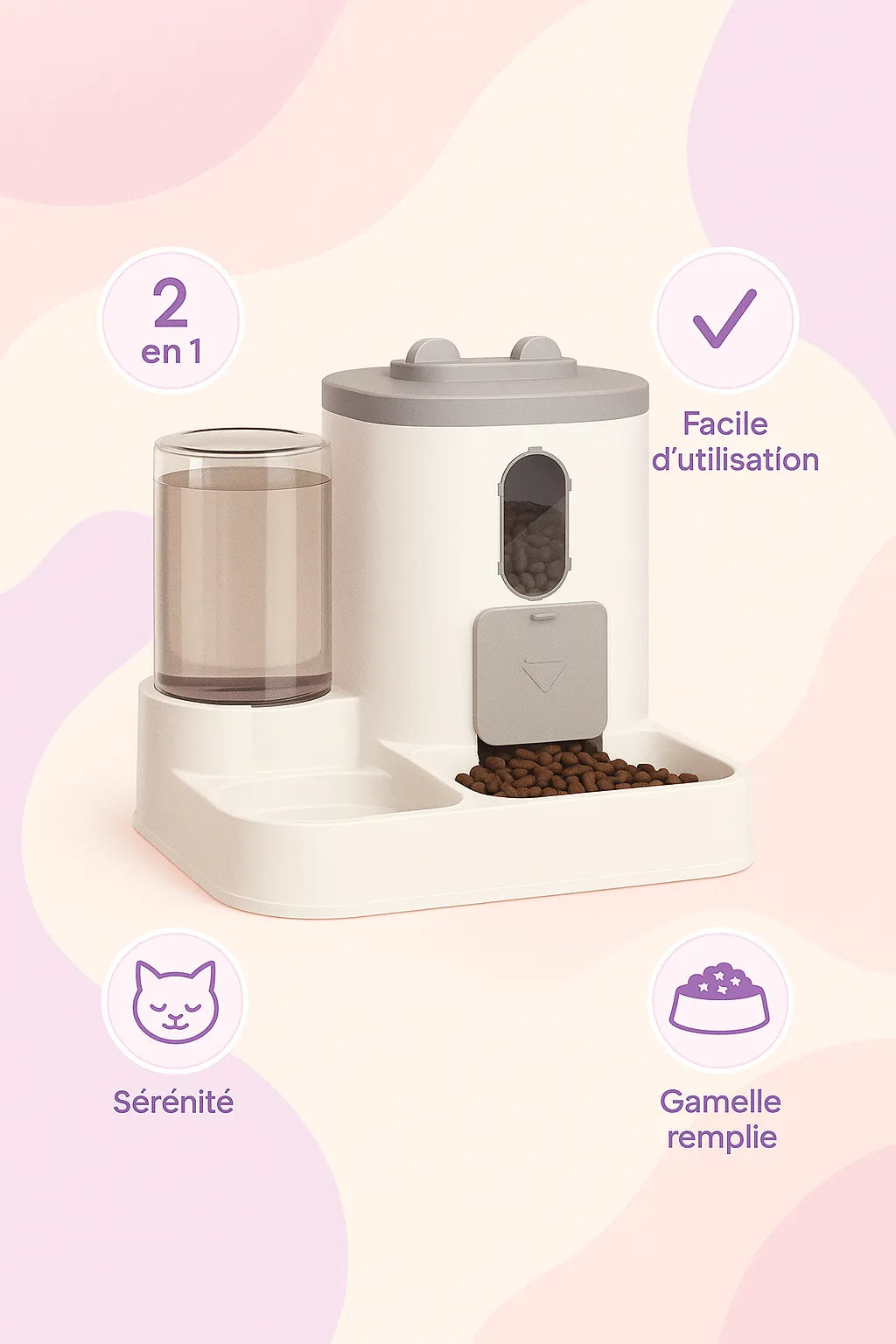 Distributeur de croquettes pour chat 2 en 1 avec les bénéfices autour
