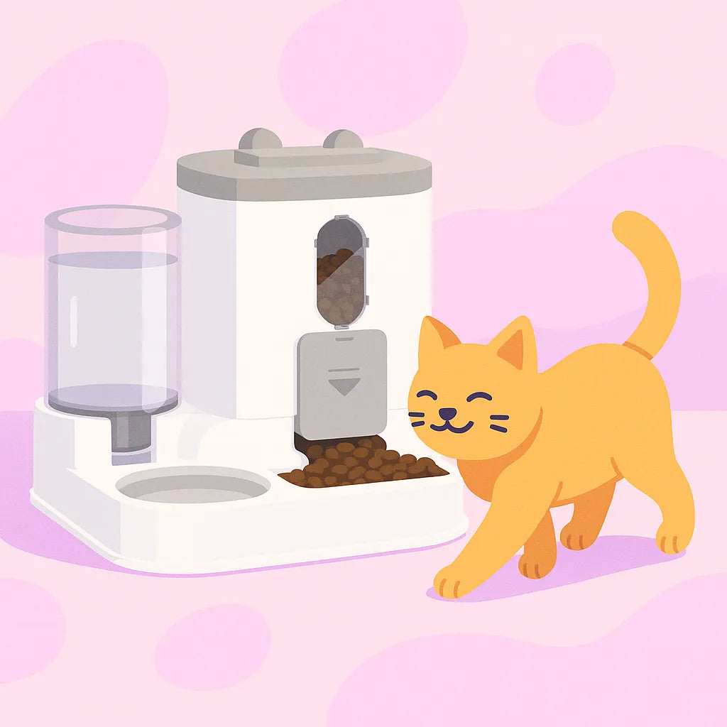 Chat a coté d'un Distributeur de croquettes pour chat 2 en 1