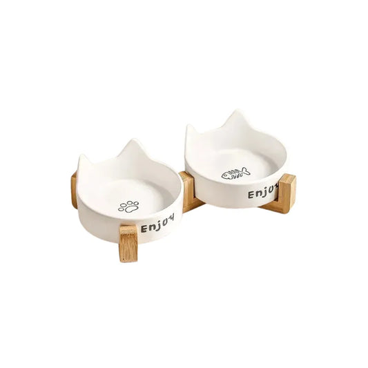 Double Gamelle Chat Céramique Surélevée blanc dans fond blanc