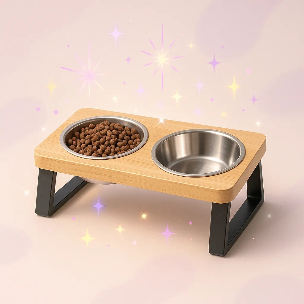 Double Gamelle Chat Surélevée en Inox avec fond rose