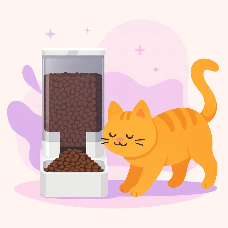 chat qui se dirige vers le distributeur de croquettes pour chat design